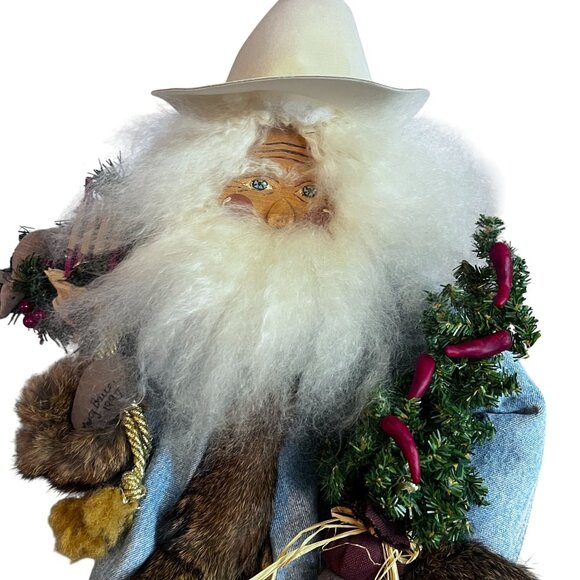 1997 Texas Santa Clause Sitter Posable Peppers Cowboy Hat Armadillo Handmade 24" - Picture 2 of 13